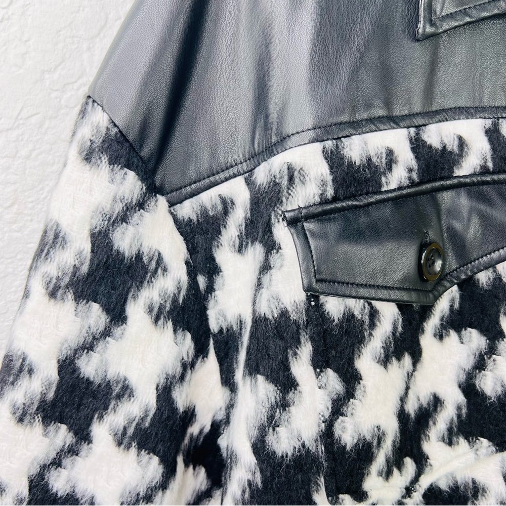 Vince Camuto Black/White Houndstooth Faux Leather Trim Button Down Shacket XL - Picture 13 of 15